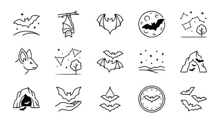 Fototapeta premium Halloween Bat Icons Set: Flying, Hanging, Cave, Moon, Stars, Constellation, Hand