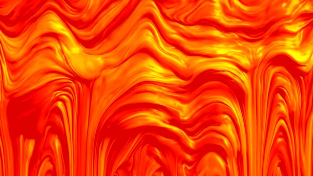 A vibrant, high-energy 3D render of dense molten liquid or thick paint in shades of hot orange, red, and yellow flowing in wavy patterns. Ideal for warm-themed titles, energetic intros, and creative d