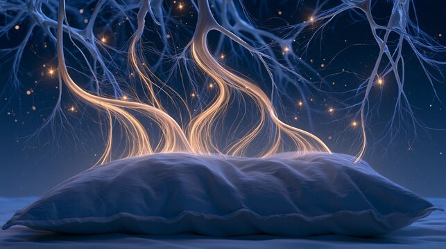 Nighttime brain network with luminous cleanup pathways moving through calm neural branches above a pillow, peaceful mood, gentle rim lighting, close-up composition, ethereal medical art with soft