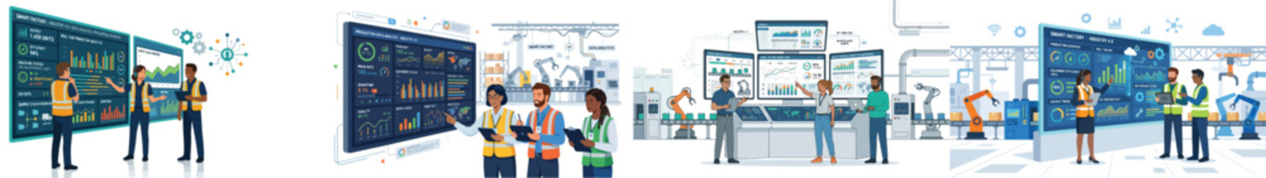 Flat vector illustration of factory employees analyzing production data on large digital dashboards, smart factory concept, Industry 4.0 technology, simple modern design, white background