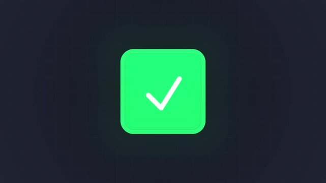 Animated green checkbox icon turning on and off with a white checkmark on a dark background UI element.
