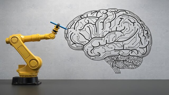 Robot arm injecting blue serum into brain, artificial intelligence concept, futuristic technology, robotic innovation