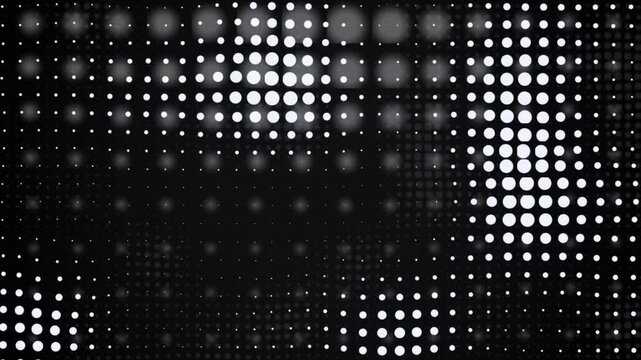 Abstract monochrome halftone pattern with glowing dots moving dynamically in wave formation