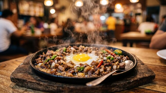 Sizzling Filipino pork sisig served on a hot plate with egg in a restaurant.