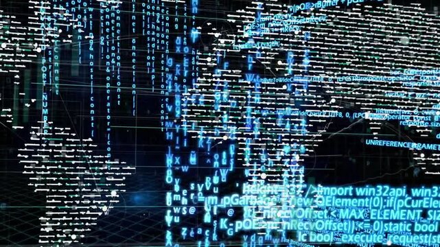 On load hologram world map forming from code, camera panning streams and nodes visualizing flow