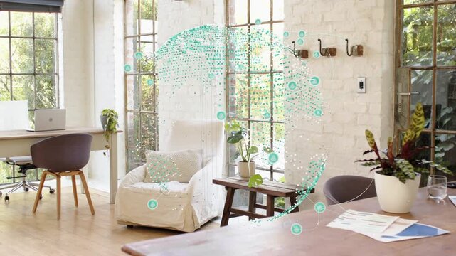 Turquoise dotted sphere appearing after pulse, expanding, moving and sending nodes to link devices
