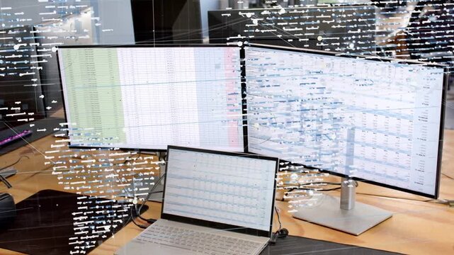 Overlay appearing, artifact drifting across monitors as camera panning right to reveal office