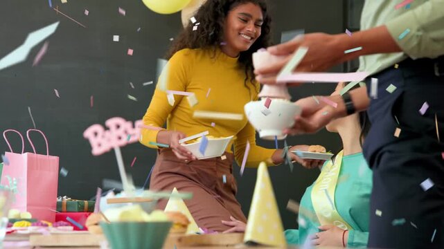 Animated confetti falling, helpers serving food while honoree reaching for cake honoring baby event