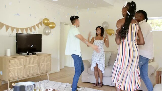 Waving woman urging pals entering man dancing confetti falling hugging cheering event for creators
