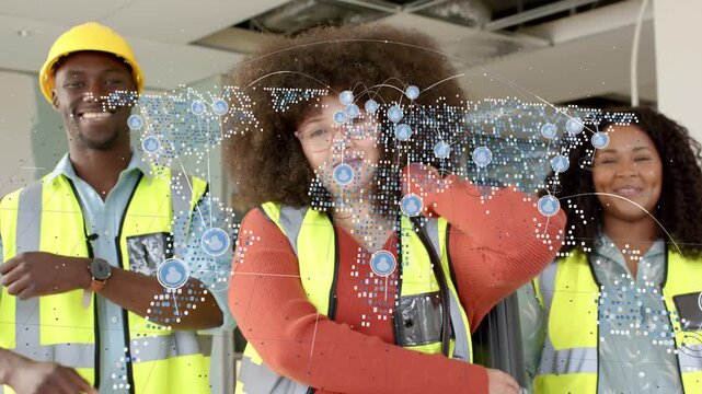 Centered woman shifting tube, stepping, showing construction plans with network overlay over faces