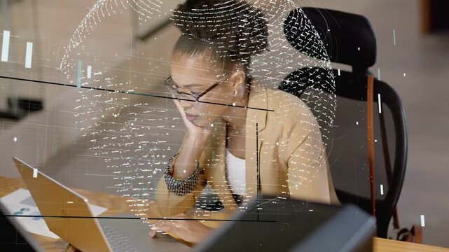 Worker switching reading and typing at laptop making globe overlay shifting across face for work
