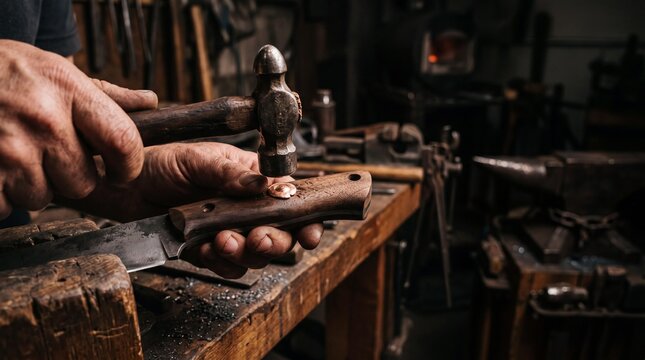 Bladesmith peening a copper rivet on a wooden knife handle with a hammer
