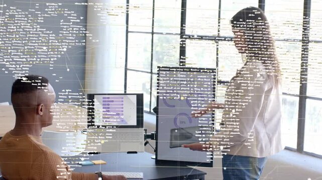 Host angling tablet pointing charts in tech demo code overlay drifting over screen as peer watching
