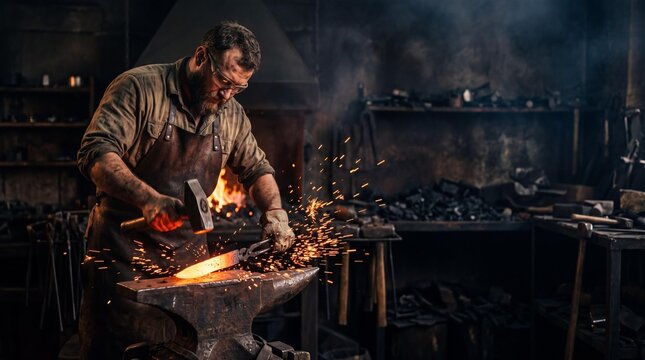 Skilled blacksmith hammering glowing hot steel blade on anvil in dark forge