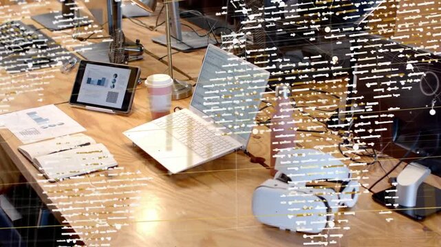 Camera sliding over desk revealing laptop opening tablet appearing overlay drifting showing desk