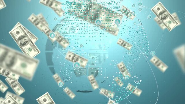US dollar bills swirling onto dotted globe, camera zooming, revealing global money flow