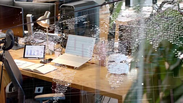 Camera panning across glass partition, dotted world-map shifting, revealing laptop, tablet, headset