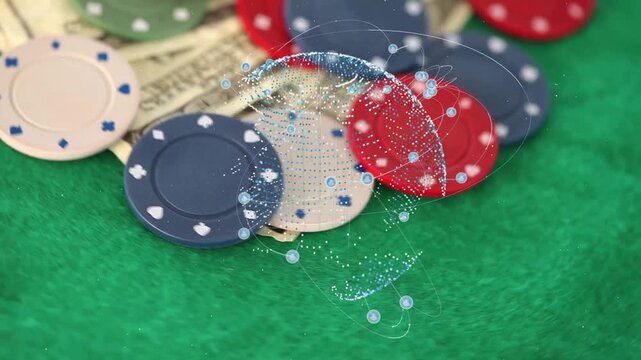 On play overlay sphere moving over chips and cash while camera panning, highlighting pot value