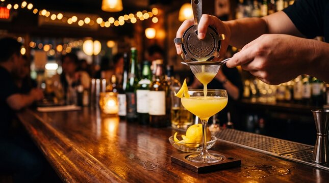 Bartender double straining a fresh yuzu cocktail into a coupe glass at a bar