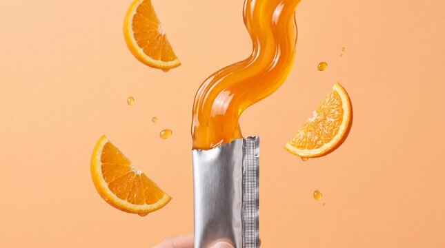 Orange gel supplement flowing from a silver stick pack with orange slices