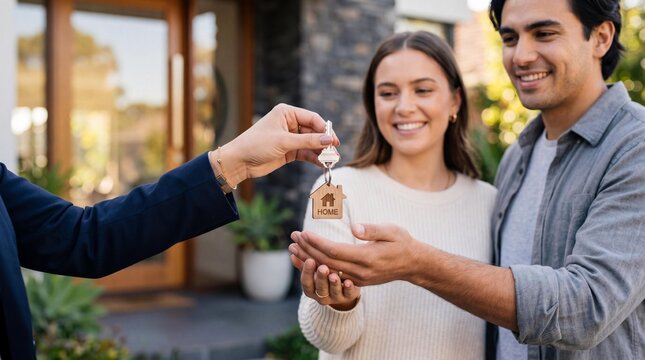 Real estate agent handing keys to a happy young couple buying their first home