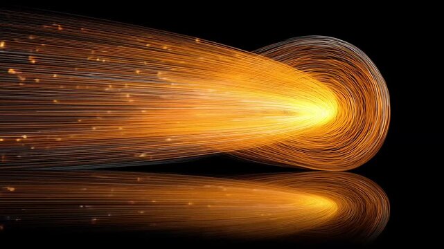 Dynamic orange light trails on black, symbolizing high-speed data, fiber optic communication, digital network, and energy flow
