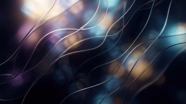 Abstract flowing silver lines curving across dark bokeh background, for fluid motion, connectivity, digital networking, elegant flow modern technology innovation