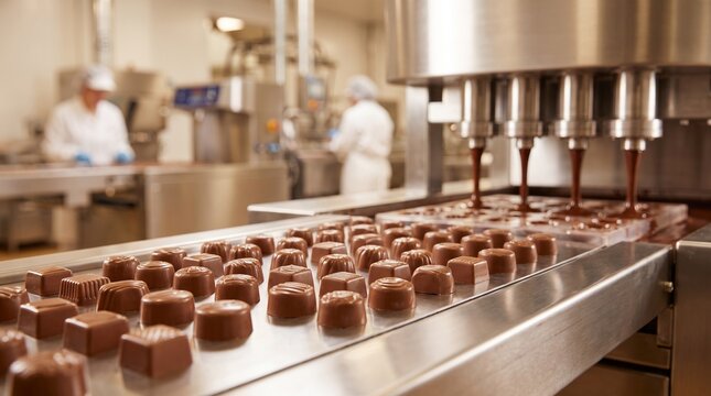 A commercial close-up shot of an automated chocolate factory assembly line, featuring rows of neatly arranged square chocolate pralines moving along a conveyor belt with blurred workers in the backgro