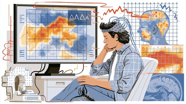 A neuroscience lab monitor shows an EEG brain map with warm heat zones, delta and theta wave overlays, and a head coil around a seated patient; electrode cap, cortical activation grid.