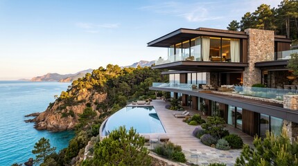 Fototapeta premium Modern cliffside residence with curved pool and glass balconies