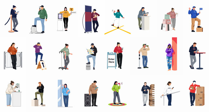 Large Collection of Diverse Event Staff and Coordinator Characters in Various Professional Roles Wearing Hoodies, Isolated on White Background