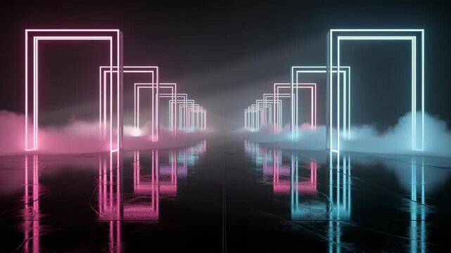 Abstract futuristic corridor with endless glowing neon rectangular frames, glossy reflective floor and cyberpunk atmosphere, representing virtual reality technology modern digital background design