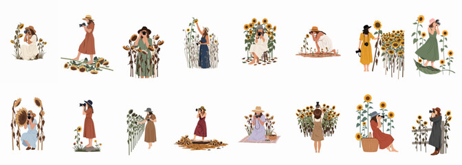 Fototapeta premium Collection of diverse women photographers in summer dresses and hats, capturing artistic shots in vibrant sunflower fields against a plain white background.