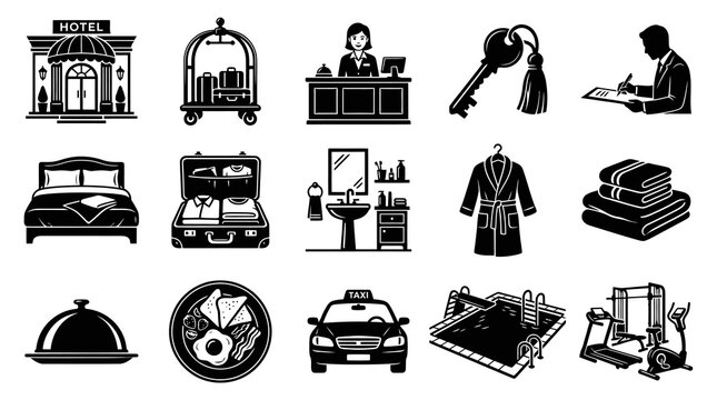 Hotel Icons: Building, Luggage Cart, Receptionist, Bed, Suitcase, Bathroom, Key, Guest, Towels, Robe, Room Service, Breakfast, Taxi, Pool, Gym