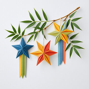 Origami Paper Stars and Bamboo Branch on White Background