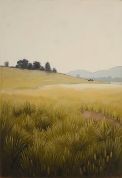Serene landscape painting depicting rolling hills and lush fields with muted color palette