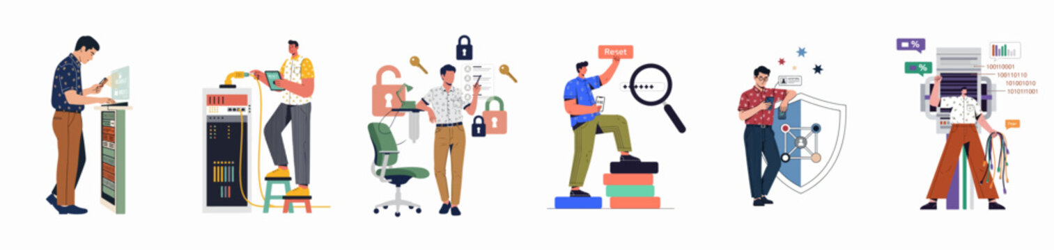 Vector illustrations showing IT experts handling server maintenance, network security, data protection, account management, and technical infrastructure support in a professional digital workspace.