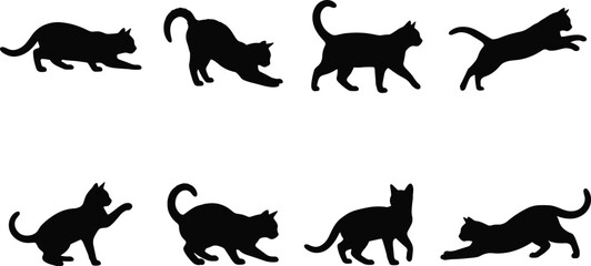 Fototapeta premium Cat Silhouette Collection with Walking Running Stretching Playing and Crouching Feline Poses