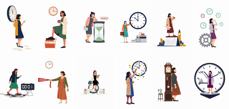 Vector illustration set of professional women managing time, meeting deadlines, and organizing work schedules with various clocks and productivity tools.