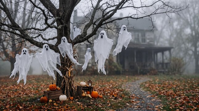 Spooky Halloween ghost decorations hanging on a tree in a foggy autumn yard