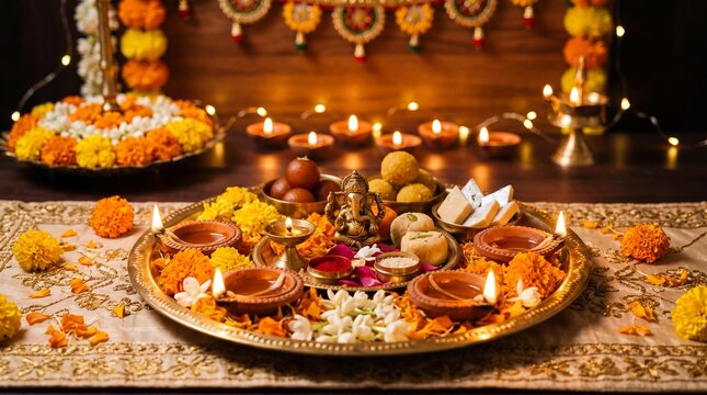 Diwali brass thali with Lord Ganesha idol, Indian sweets, and lit clay diyas.