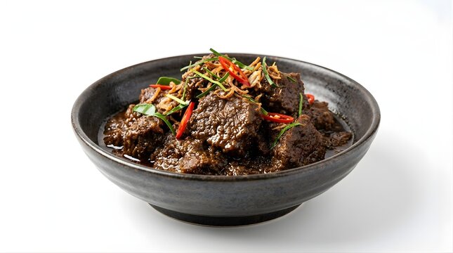 Indonesian beef rendang in a black ceramic bowl topped with chili and kaffir lime leaves for traditional spicy asian cuisine