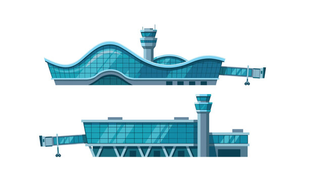 Modern airport terminal buildings vector set with control towers glass facades and boarding jet bridges flat cartoon illustration