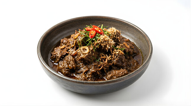 Indonesian beef rendang in rustic bowl spicy slow cooked meat dish traditional Southeast Asian cuisine culinary heritage