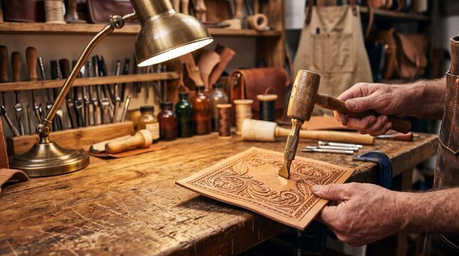 Leather craftsman tooling a floral design with a mallet in a rustic workshop