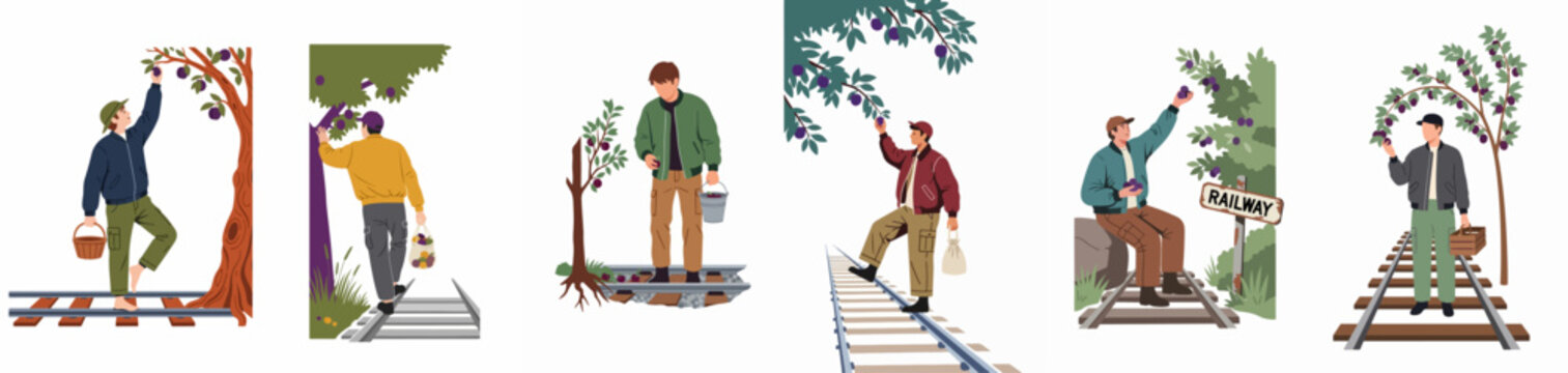 Set of flat vector illustrations depicting various men picking plums from trees growing along rural railway tracks in a countryside setting.