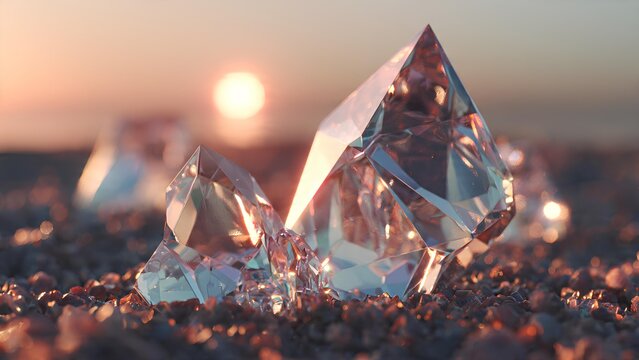 Close-up of sparkling faceted crystals emerging from sandy ground at sunrise or sunset, reflecting warm light.