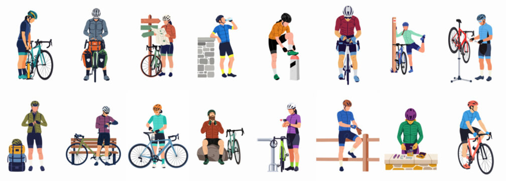 Set of flat vector illustrations showing diverse male and female cyclists engaged in activities like bikepacking, bike maintenance, resting, and preparing for cycling.