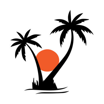 Tropical palm tree silhouette, Silhouette of palm trees against a vibrant sunset on a tropical shoreline