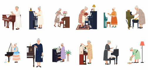 Set of vector illustrations depicting a senior woman interacting with a piano through various hobbies and daily tasks. © Juan